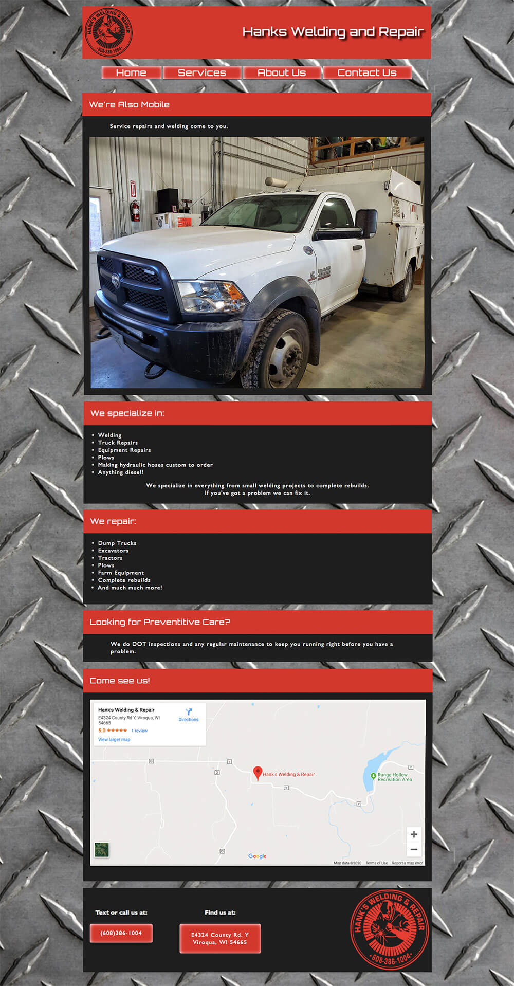 Hanks welding and repair Services page